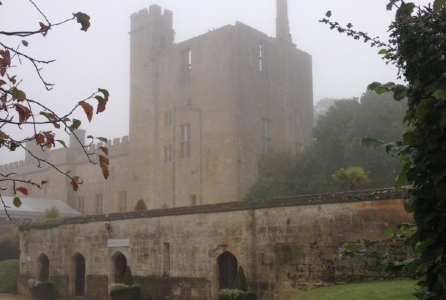 A shot of Sudeley Castle's dungeon tower in the fog