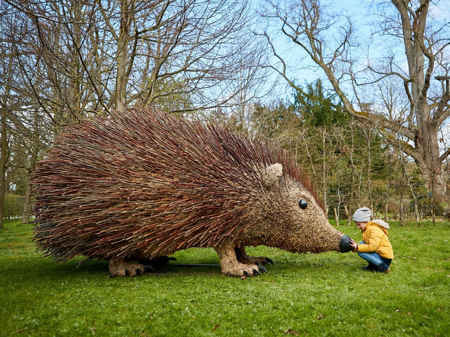 Giant six foot by three foot wooden hedgehog with child crouched in front