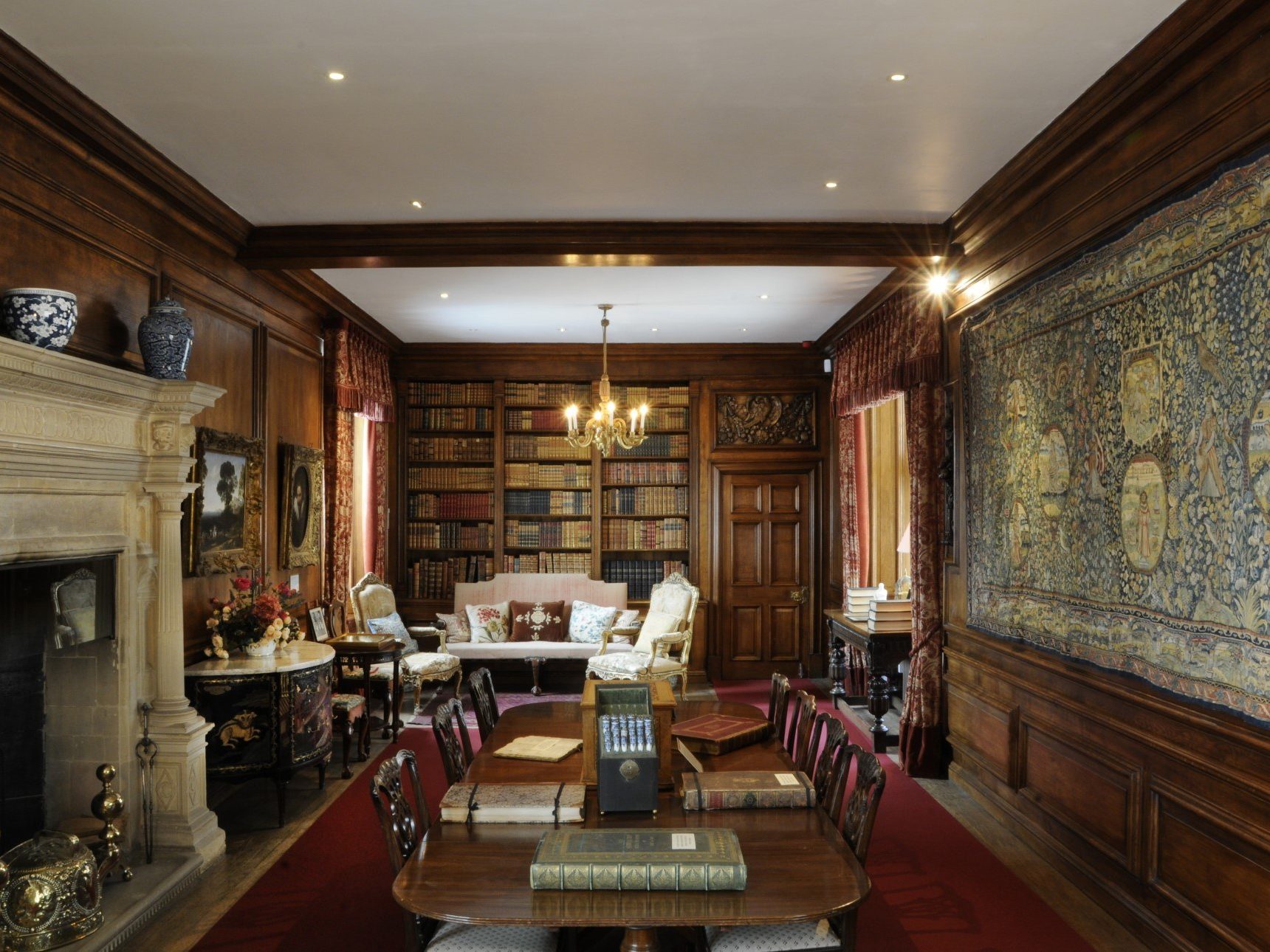 Library showing fireplace and Sheldon tapestry