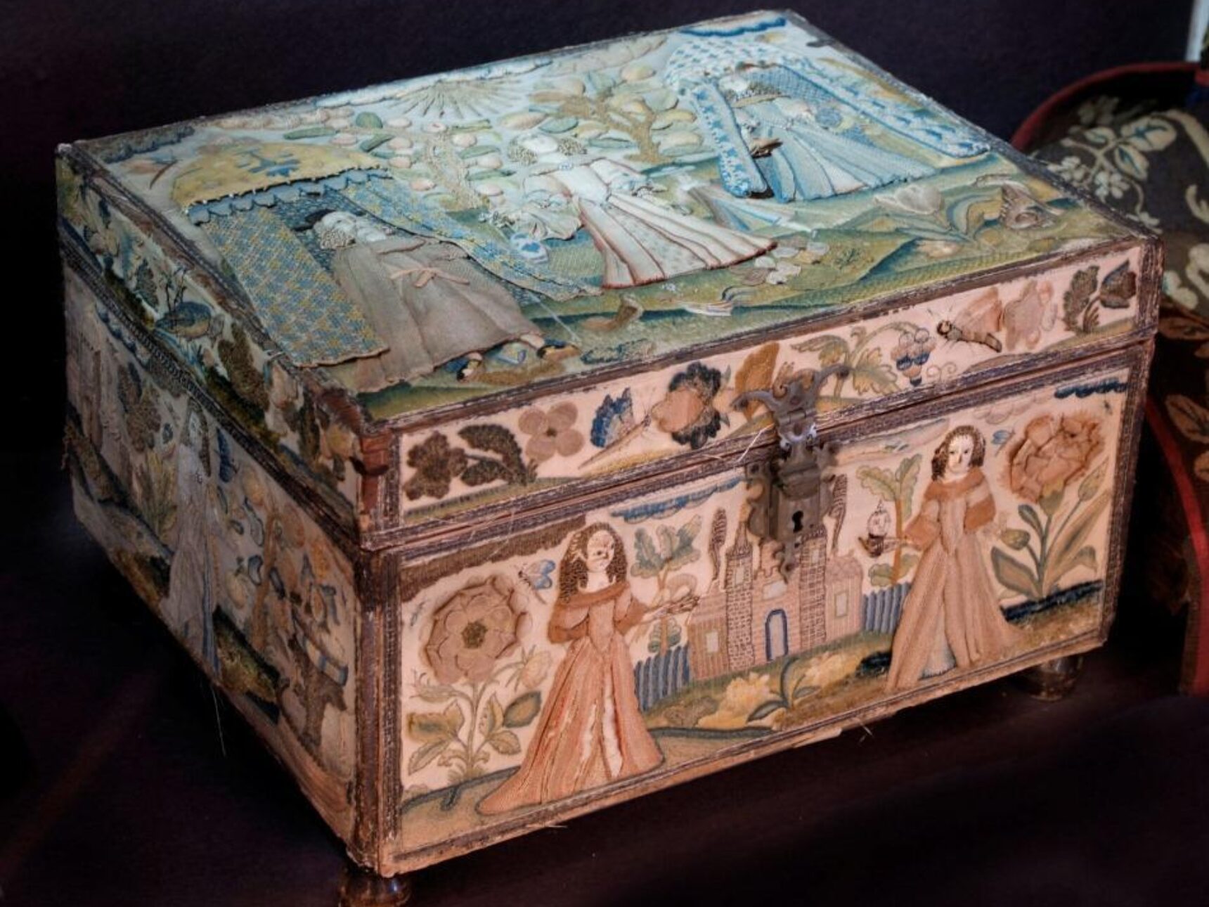 An incredibly rare, 17th century Stumpwork casket is an exquisite example of needlework and part of the Sudeley collection