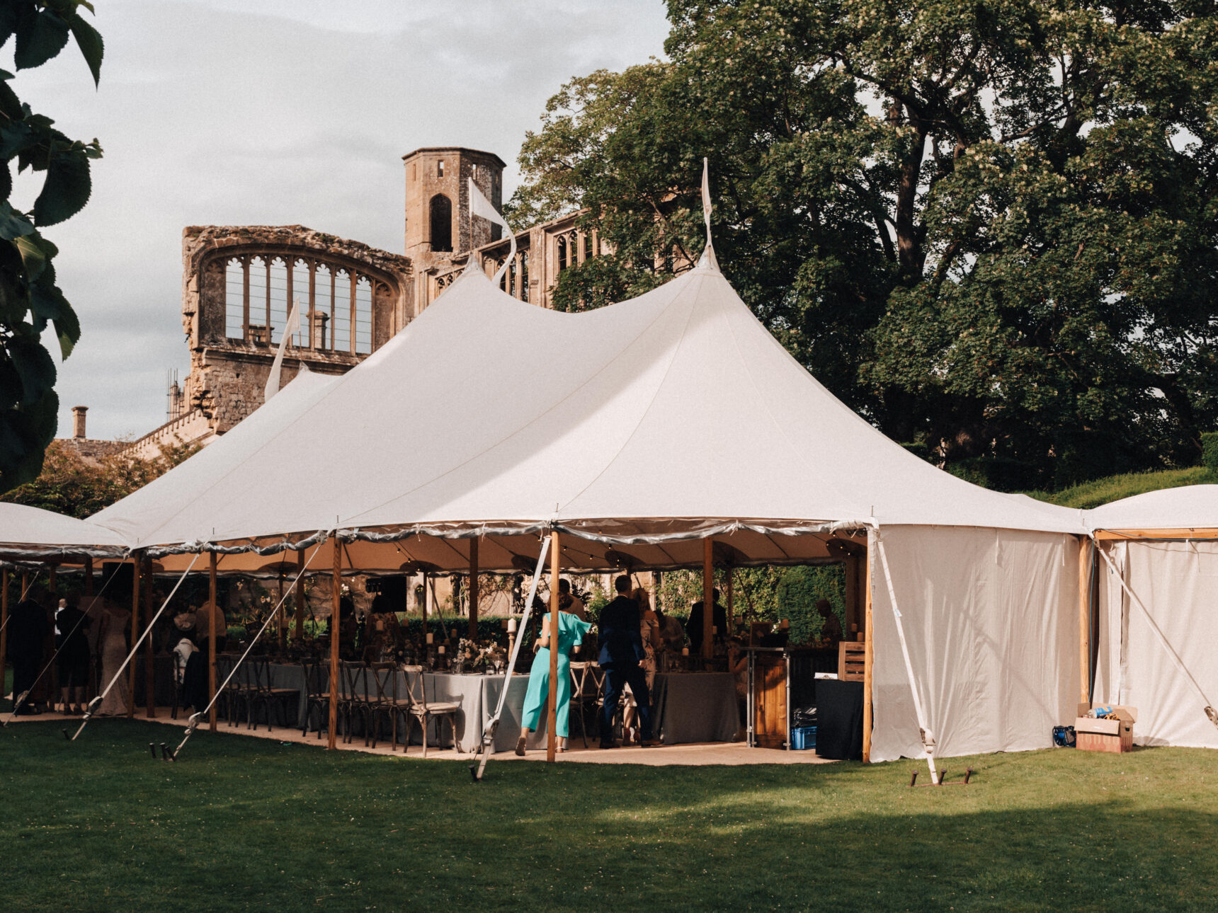 Sudeley's Mulberry Lawn can host al fresco or marquee wedding celebrations, with spectacular views to the romantic, Royal apartment ruins